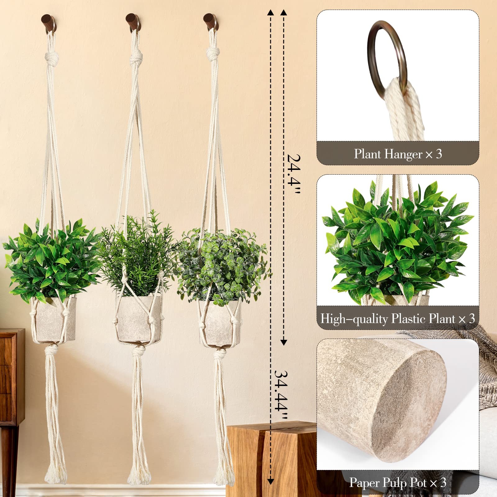 Artificial Plants 3 Pack Mini Fake Hanging with Macrame Plant Hangers Decorat…