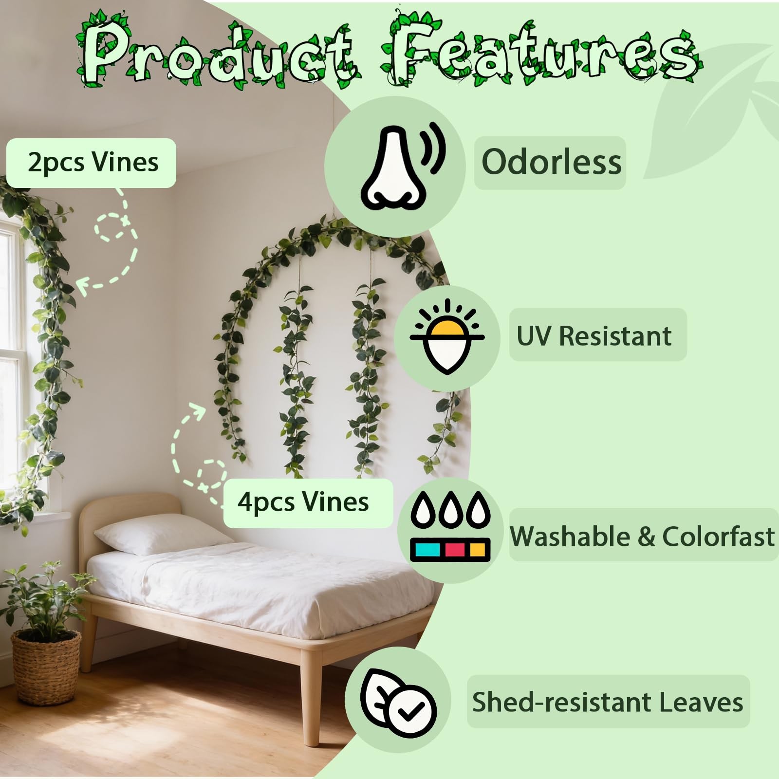 4Pack Total 24FT Green Fake Vines Ivy Leaves Vines for Bedroom Greenery Garla…