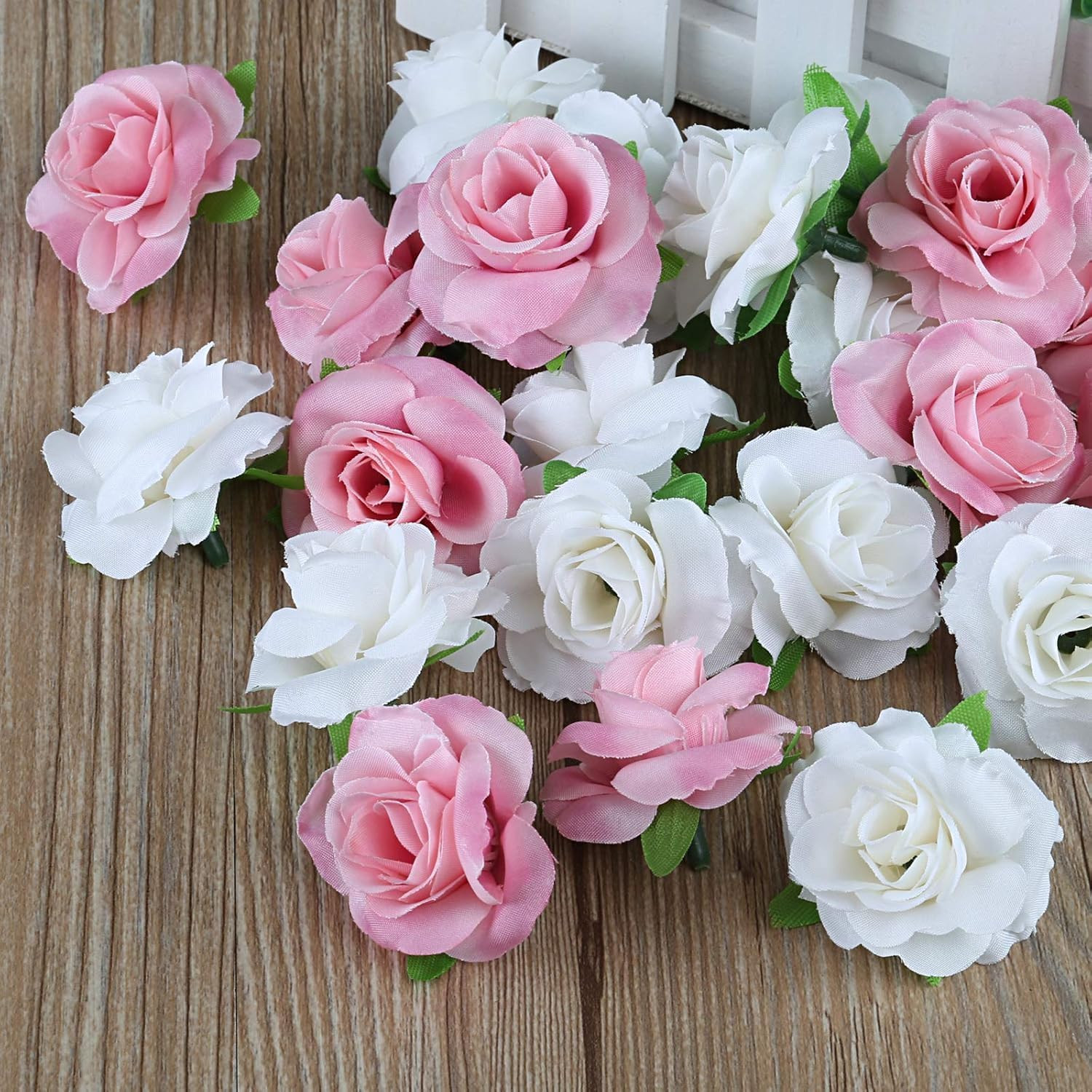50Pcs Mini Pink and White Roses Artificial Flowers Bulk, 1.6″ Small Silk Fake Ro