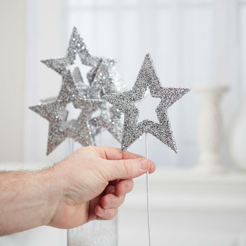 Silver Glittered Open Star Picks