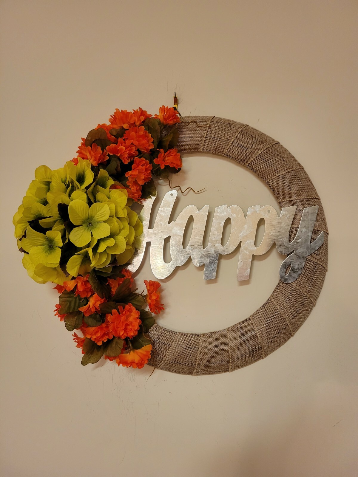 HAPPY Hydrangeas Mum burlap WREATH FALL autumn Decor Front Door 15″ orange green