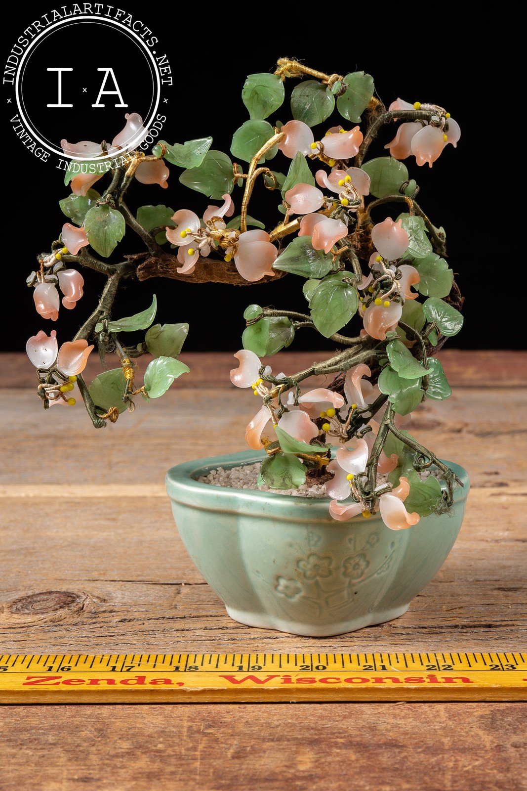 Vintage Jade and Peking Glass Blossoming Bonsai Table Ornament