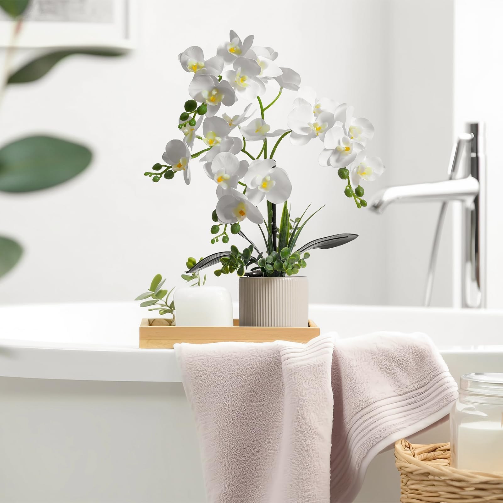 Upgraded White Artificial Orchid Flowers with Ceramic Vase Fake Orchids Real …