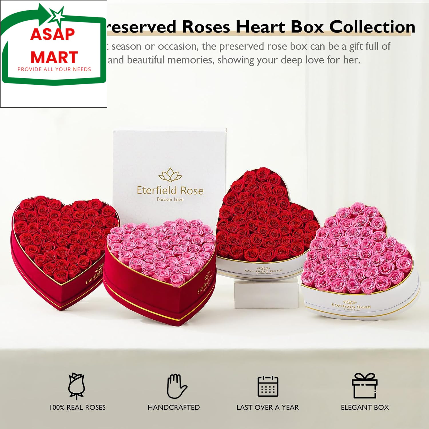 Eterfield 47-Piece Forever Flowers in Heart Shape Box, Preserved Roses That Last