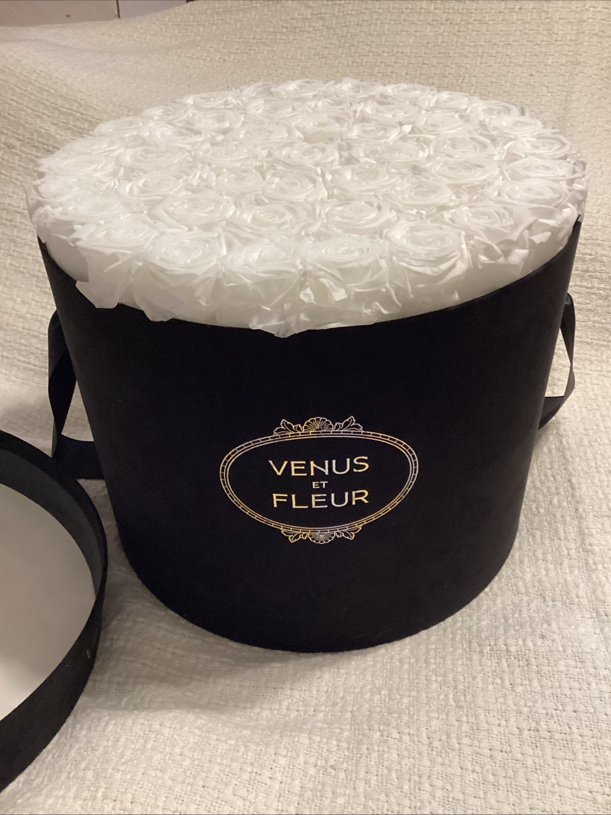 Venus et Fleur White Roses Flower Box Arrangement Large Black Container 46 Roses
