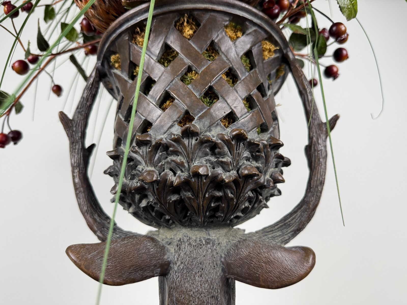 Rustic Stag Head Urn Faux Floral Arrangement Pheasant Feather Lodge Centerpiece