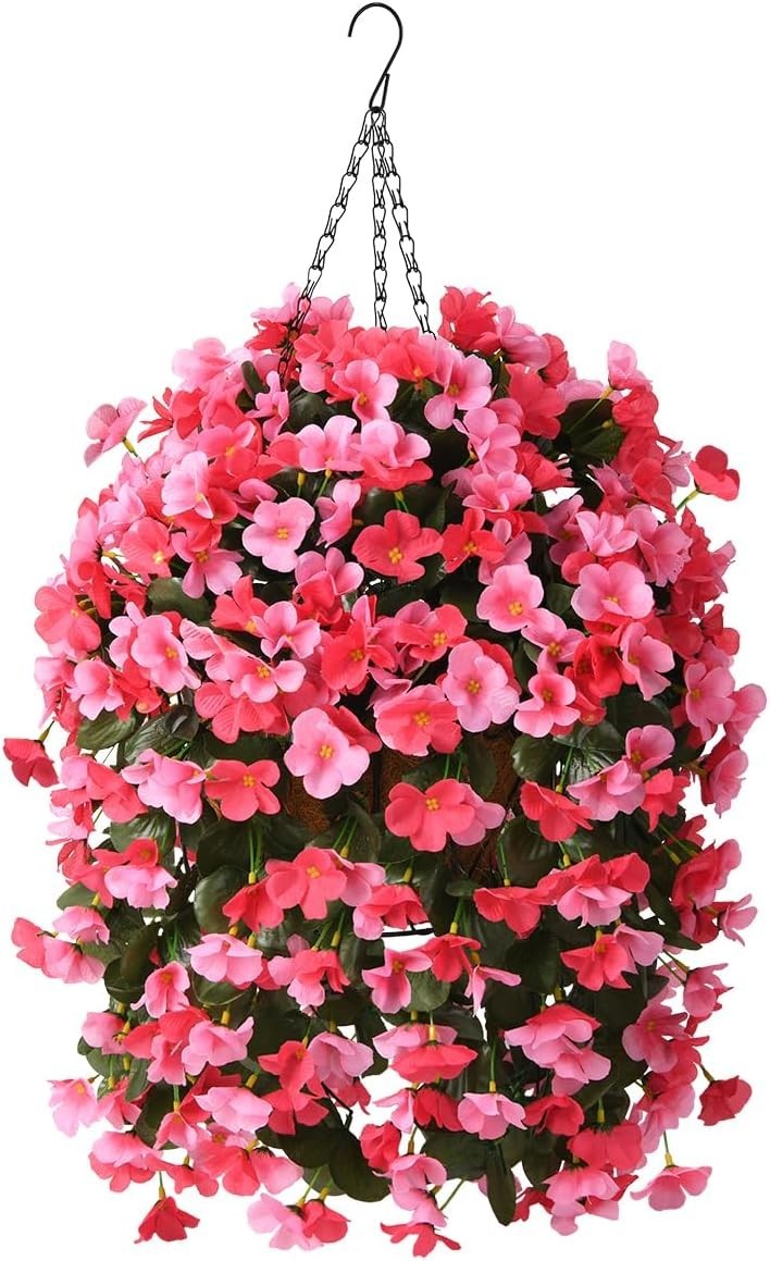 Low Maintenance Hanging Flower Basket – 4 Silk Begonias for Outdoor Elegance