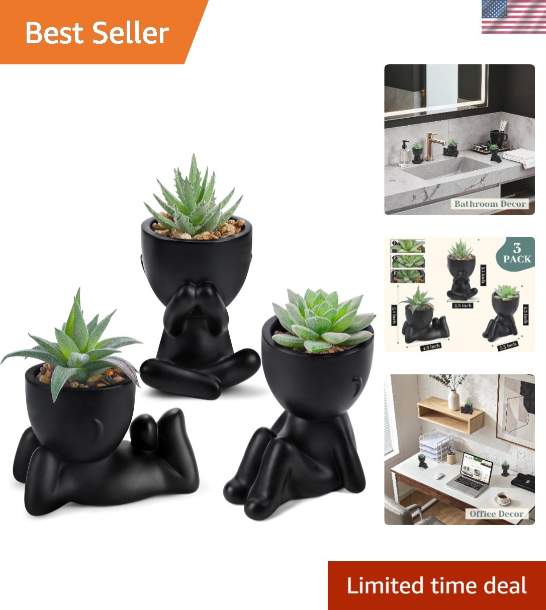 Versatile Black Human-Shaped Plant Pots: 3 Cute Faux Succulents for All Spaces