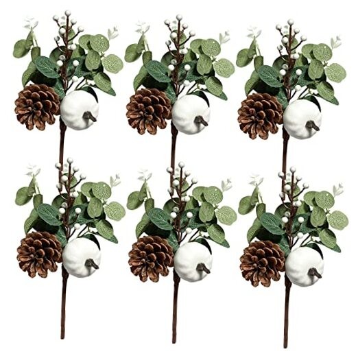 6PCS Greenery Stems Artificial Eucalyptus Leaves Fall Picks with White 6pcs