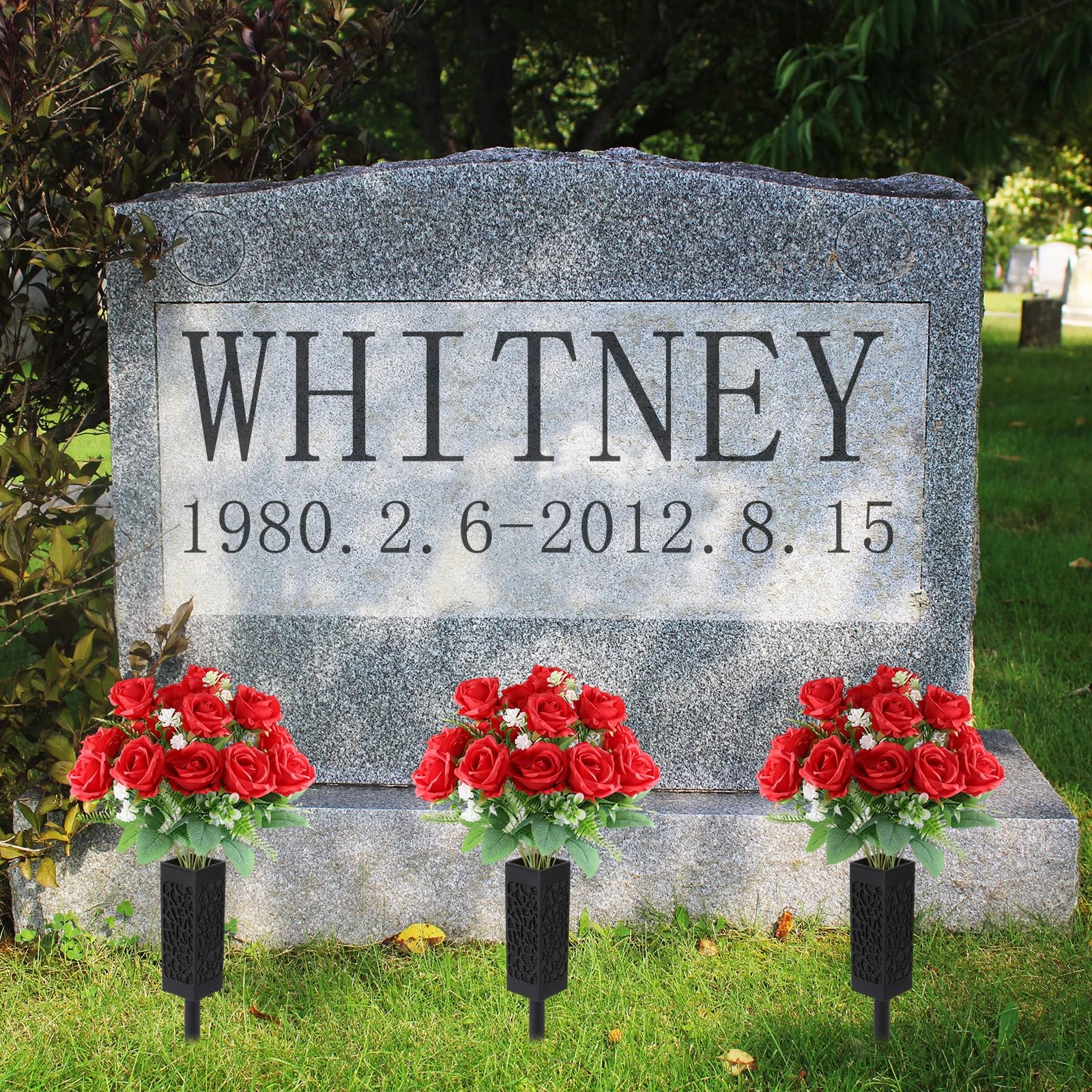 2 PCS Red Silk Artificial Rose Cemetery Grave Memorial Flowers Vase Decor