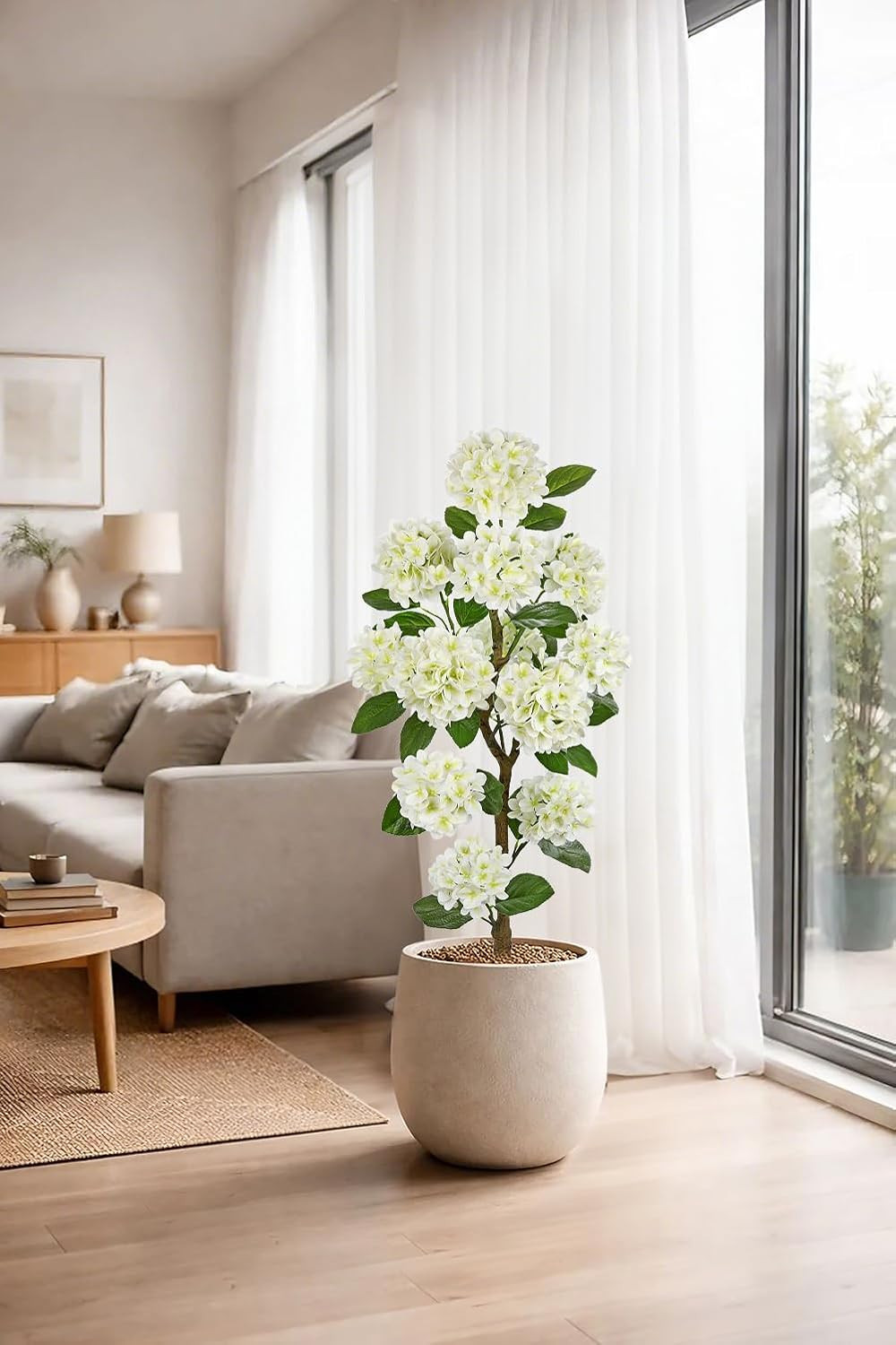 4FT White Hydrangea Artificial Flowers Tree Large Real Touch Faux Silk Hydrangea