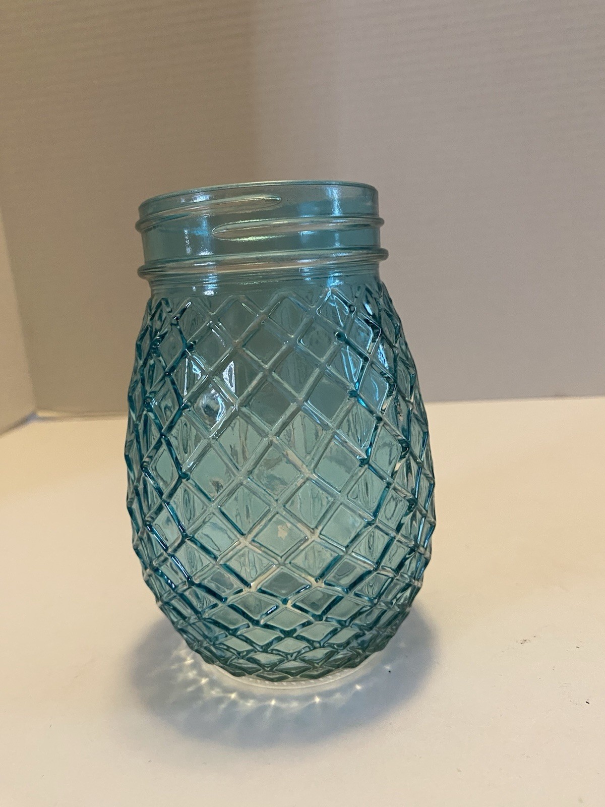 Vintage Style Blue Glass Flower Jar with Grid Like A Pineapple No Lid