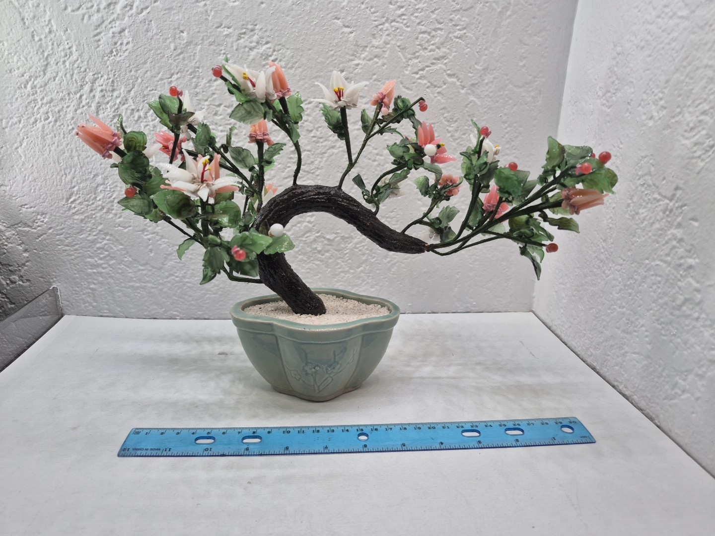 Vintage Chinese Glass Stone Jade Cherry Blossom Bonsai Tree Pink & White Flowers
