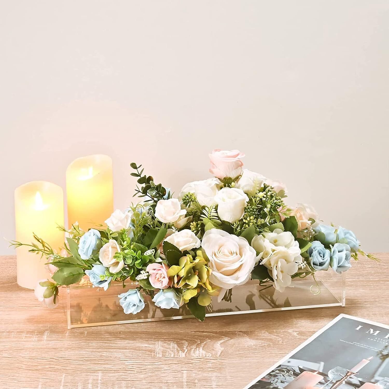 Floral Centerpiece in Glass Vase Hydrangea and Rose Flowers 11 x 10 Inches