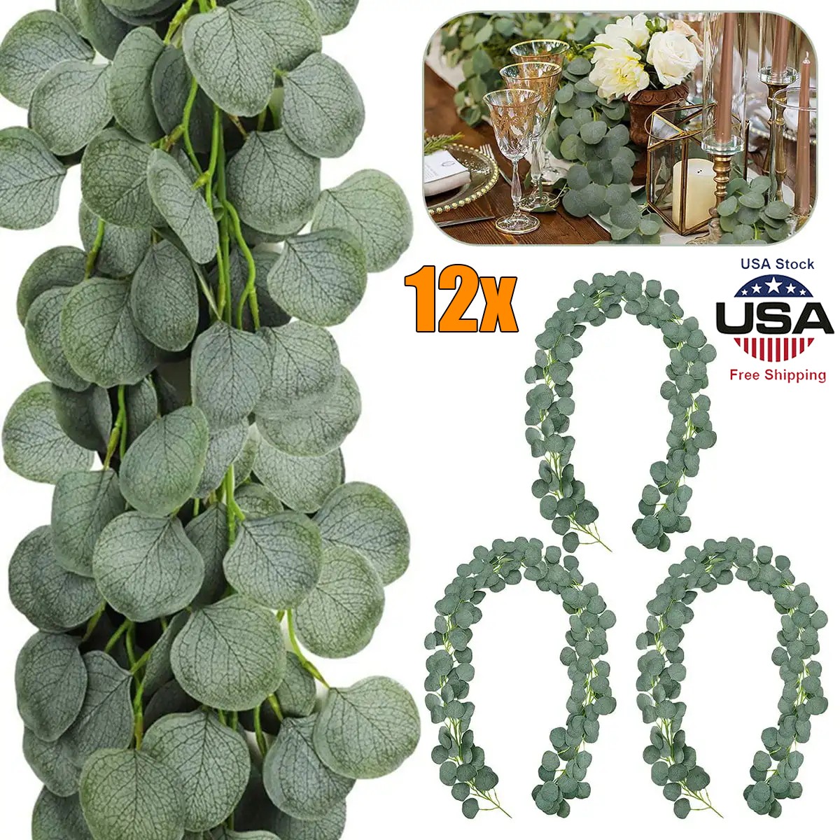 12x Eucalyptus Garland,Artificial Eucalyptus Leaves Table Greenery Garland Vines