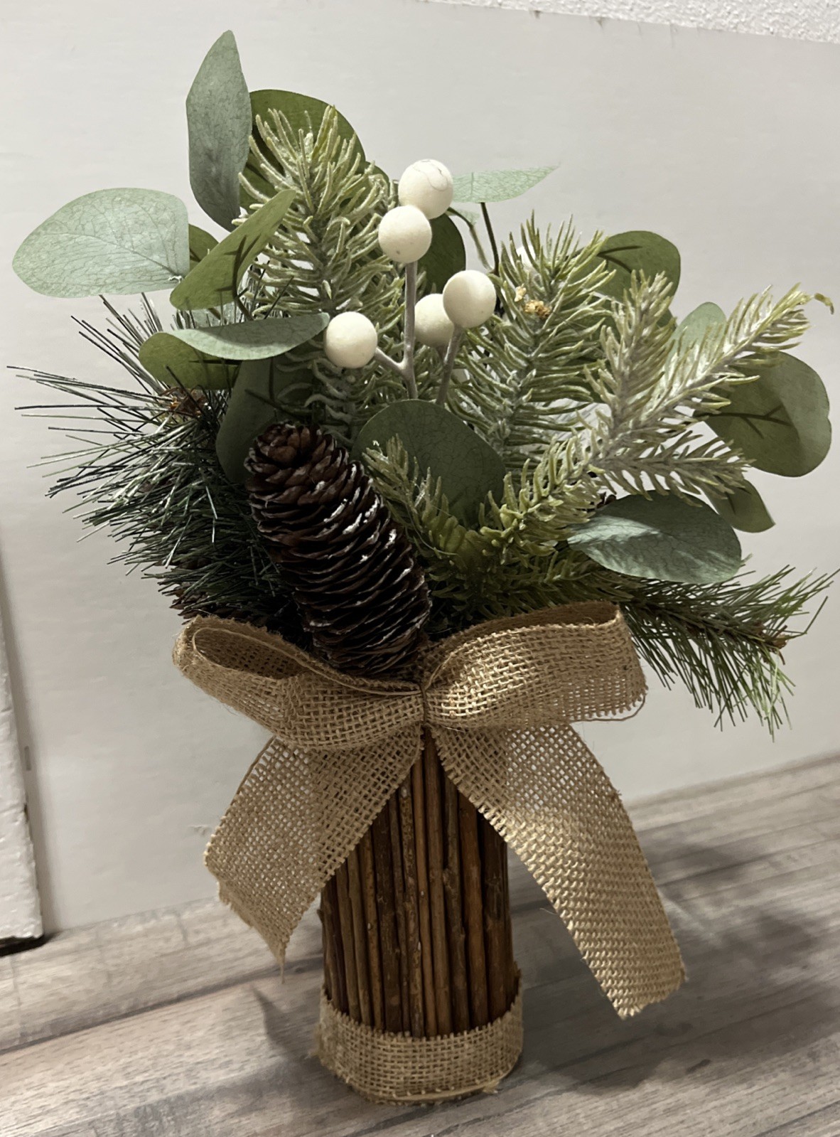 2 – 12” Rustic Greenery Arrangements Pine Cones Burlap Wood Base Country Cabin