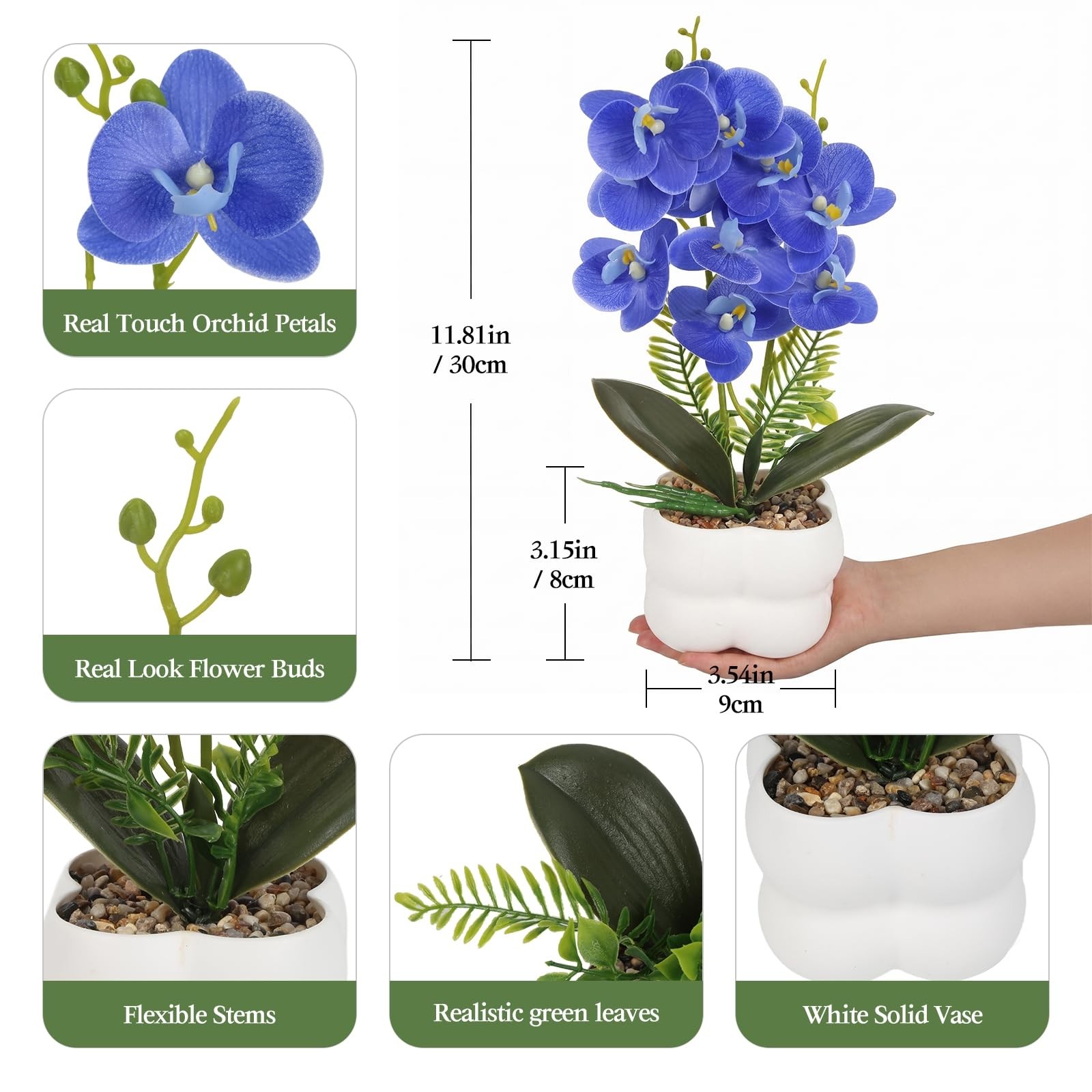 14″ Tall Artificial Orchids Flowers with Plastic Vase Blue 3D Printed Washabl…