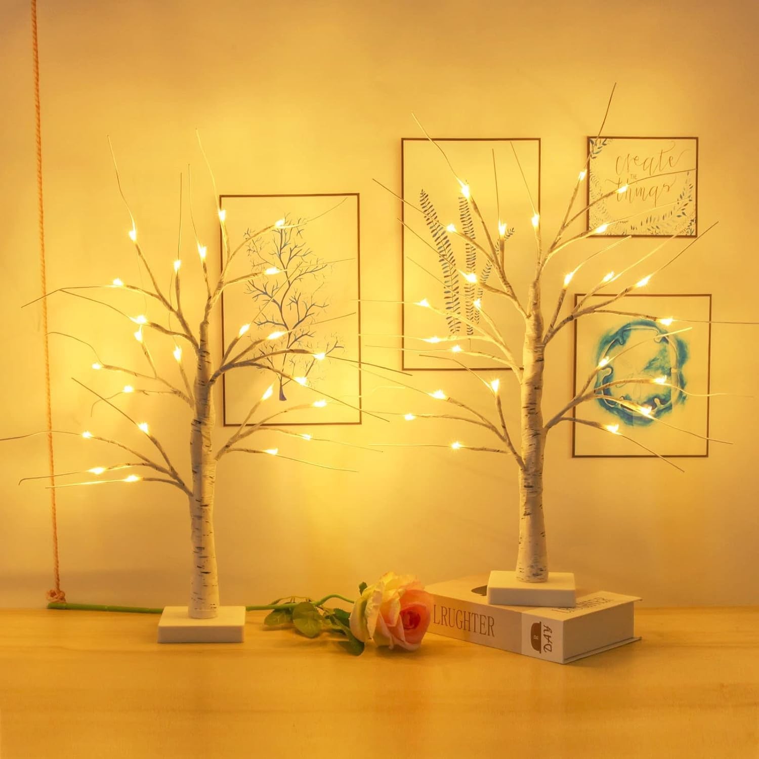 2-Pack 2FT Lighted Birch Tree with Timer for Easter Decorations Artificial Bi…