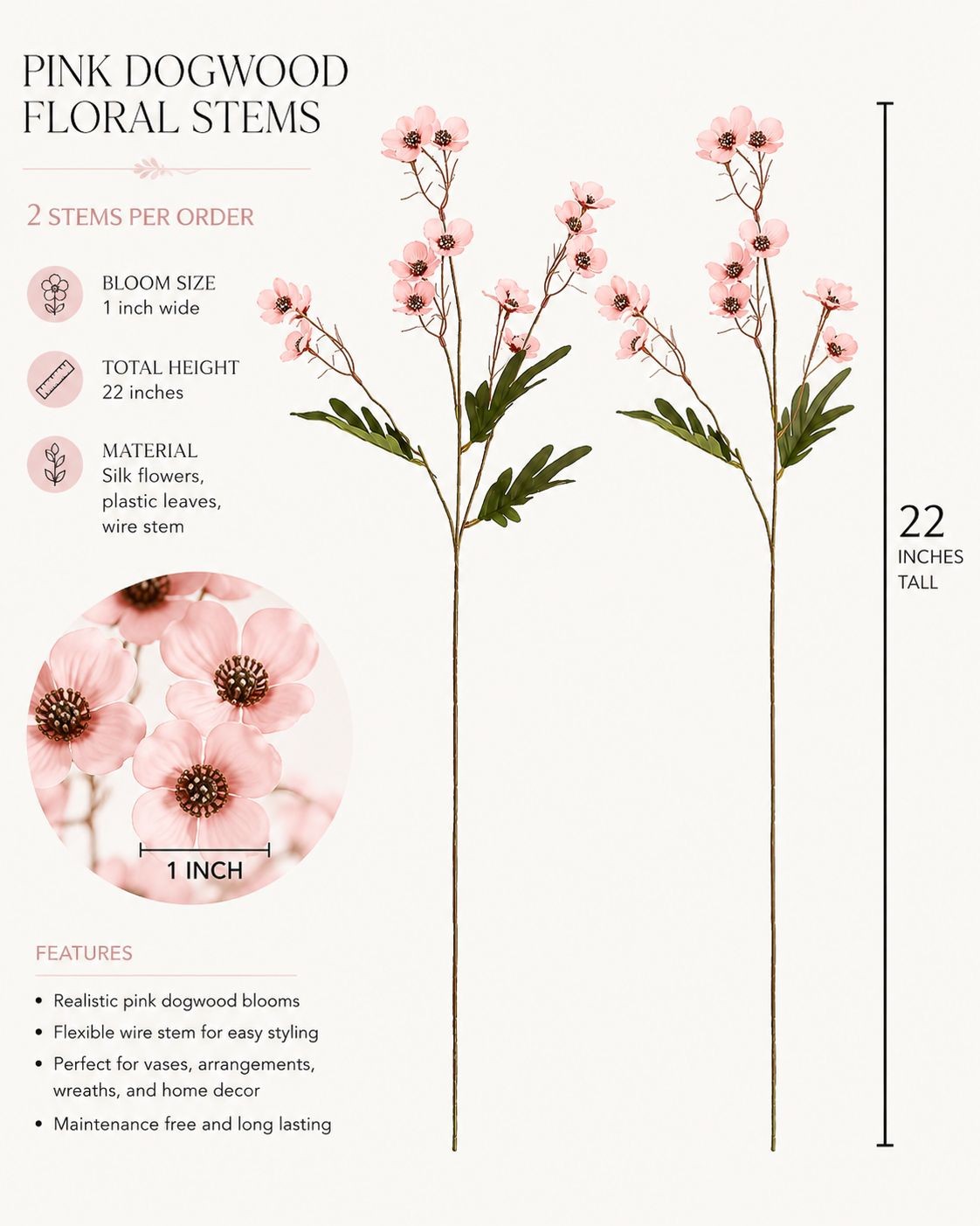 Set of 2 Pink Dogwood Stems Artificial Dogwood Branches Faux Spring Flowers Cott