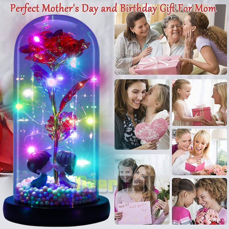24K Gold Plated Dipped Rose Flower in glass dome Romantic Gift Love for mom girl