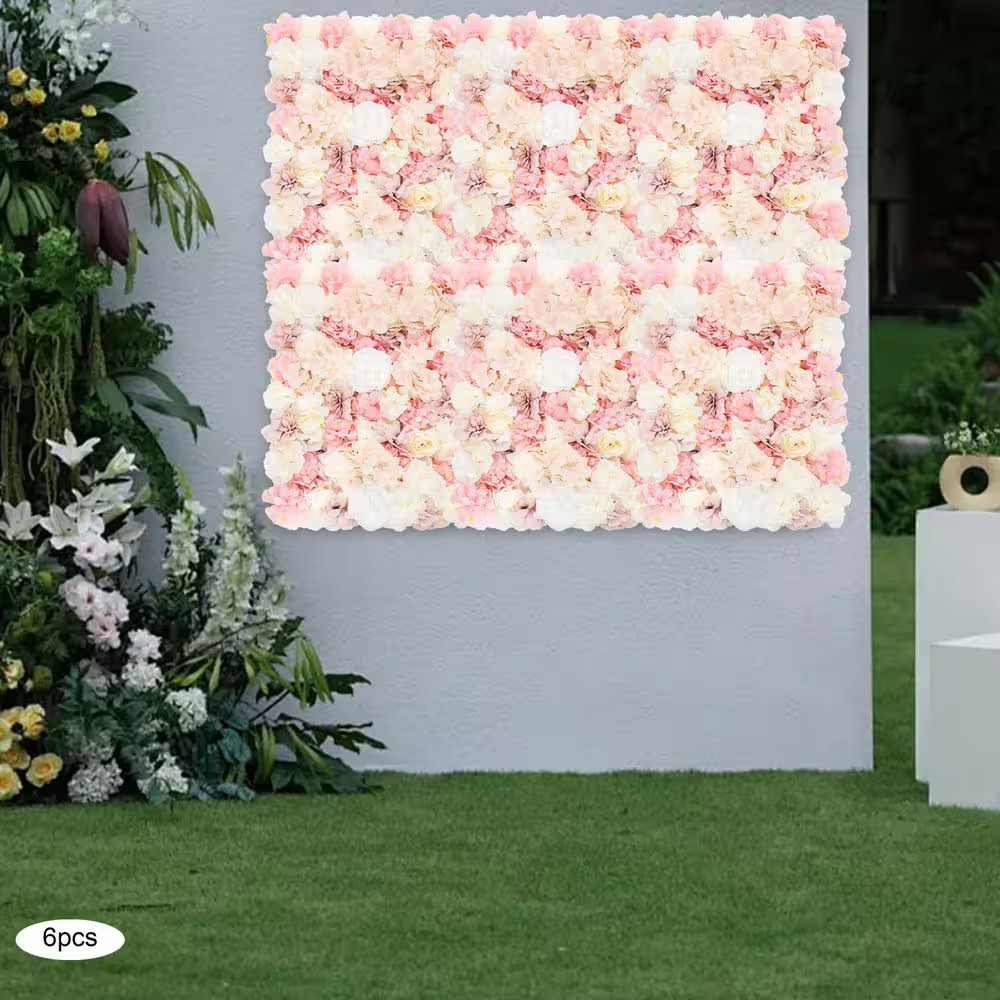 6-Piece 23.62 In. X 15.74 In. White and Pink Artificial Rose Flower Wall Panel f