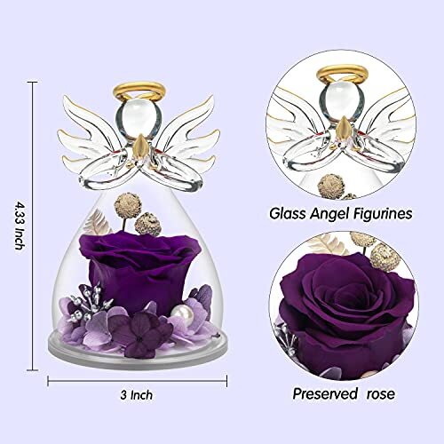 Preserved Flower Rose Gifts in Glass Angel Figurines,Birthday Gifts for Purple