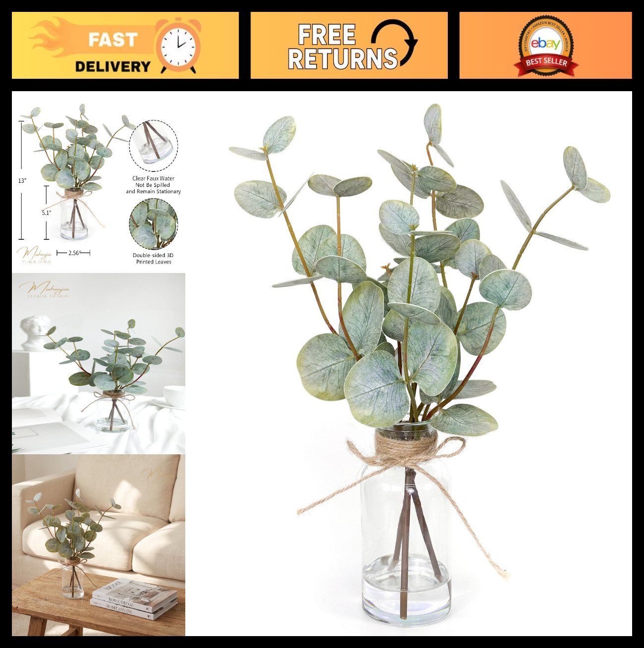 3Pcs Artificial Eucalyptus Stems in Glass Vase with Faux Water – Double-Sided Gr