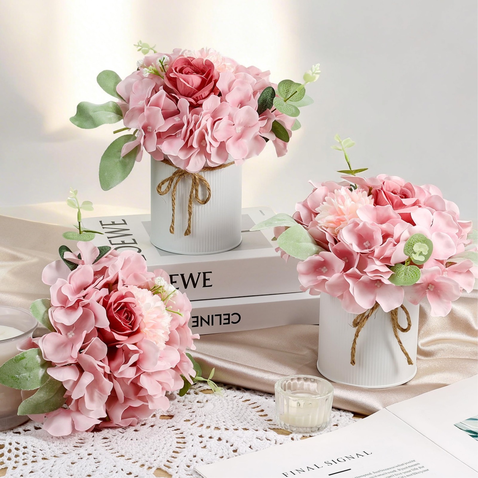 10PCS Faux Silk Hydrangea Flowers with Vase – Spring Wedding Table Centerpiece D
