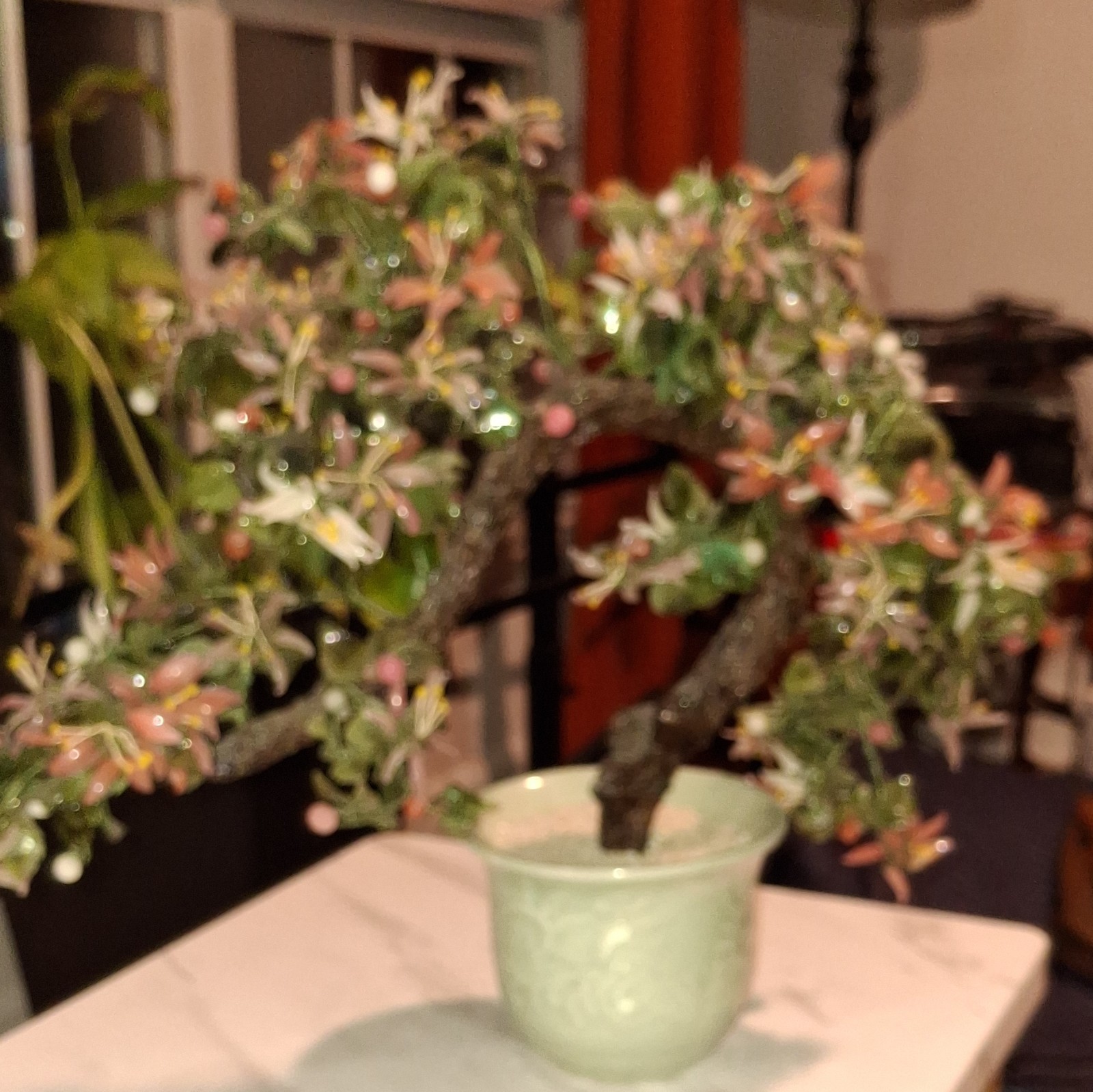 Vintage XLarge Chinese Jade Quartz Bonsai Tree Celadon 19×36” CHERRY Blossoms.