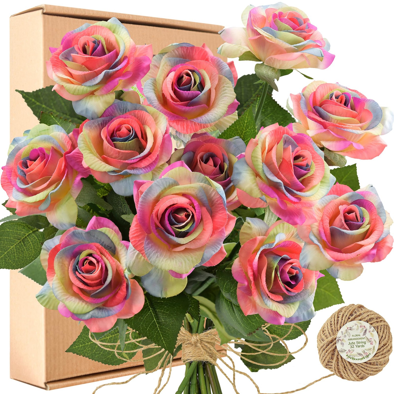 Rainbow Artificial Roses – 12 Faux Silk Stems with Real‑Touch Feel – Gift‑Rea…