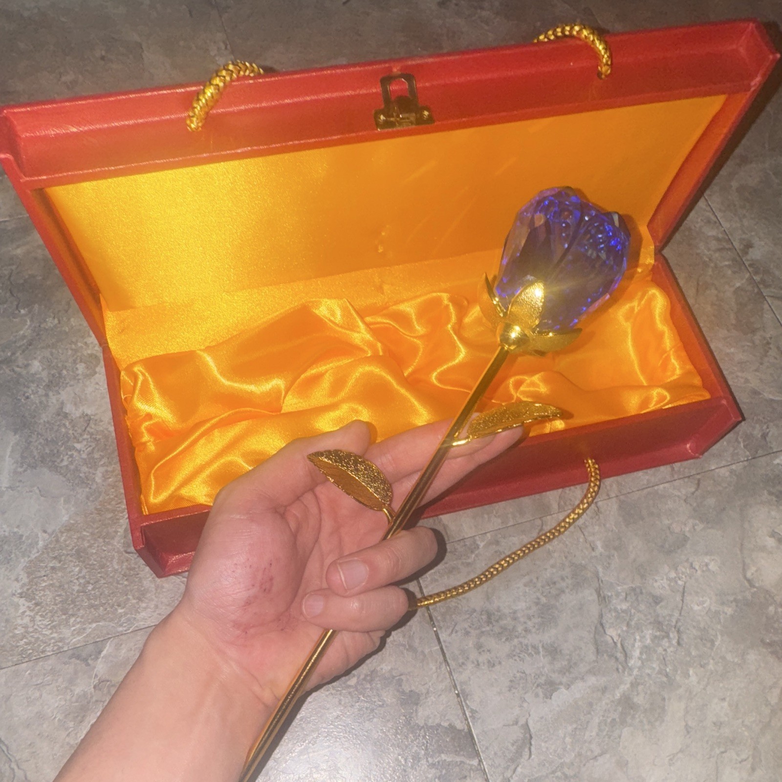 Artificial Blue Rose Flower, Gold-Tone Metal Stem in Red Gift Box