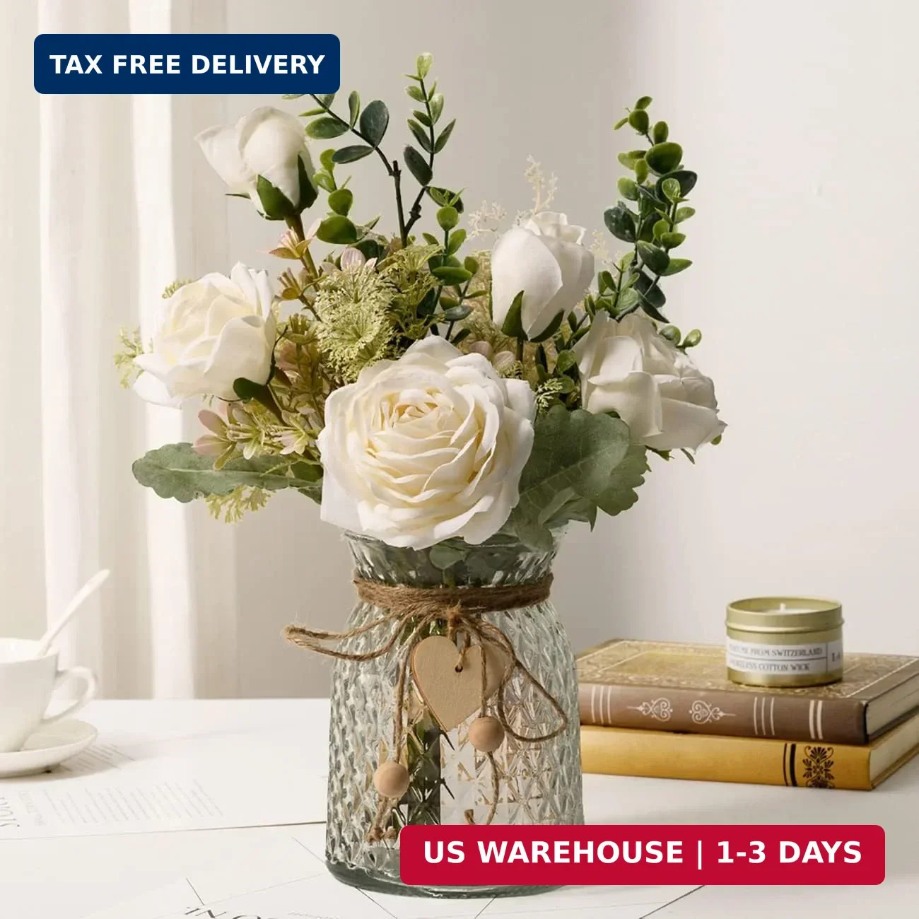 YJ Fake Flowers with Vase, Silk Roses Artificial Flowers in Vase, Faux Flower Pl