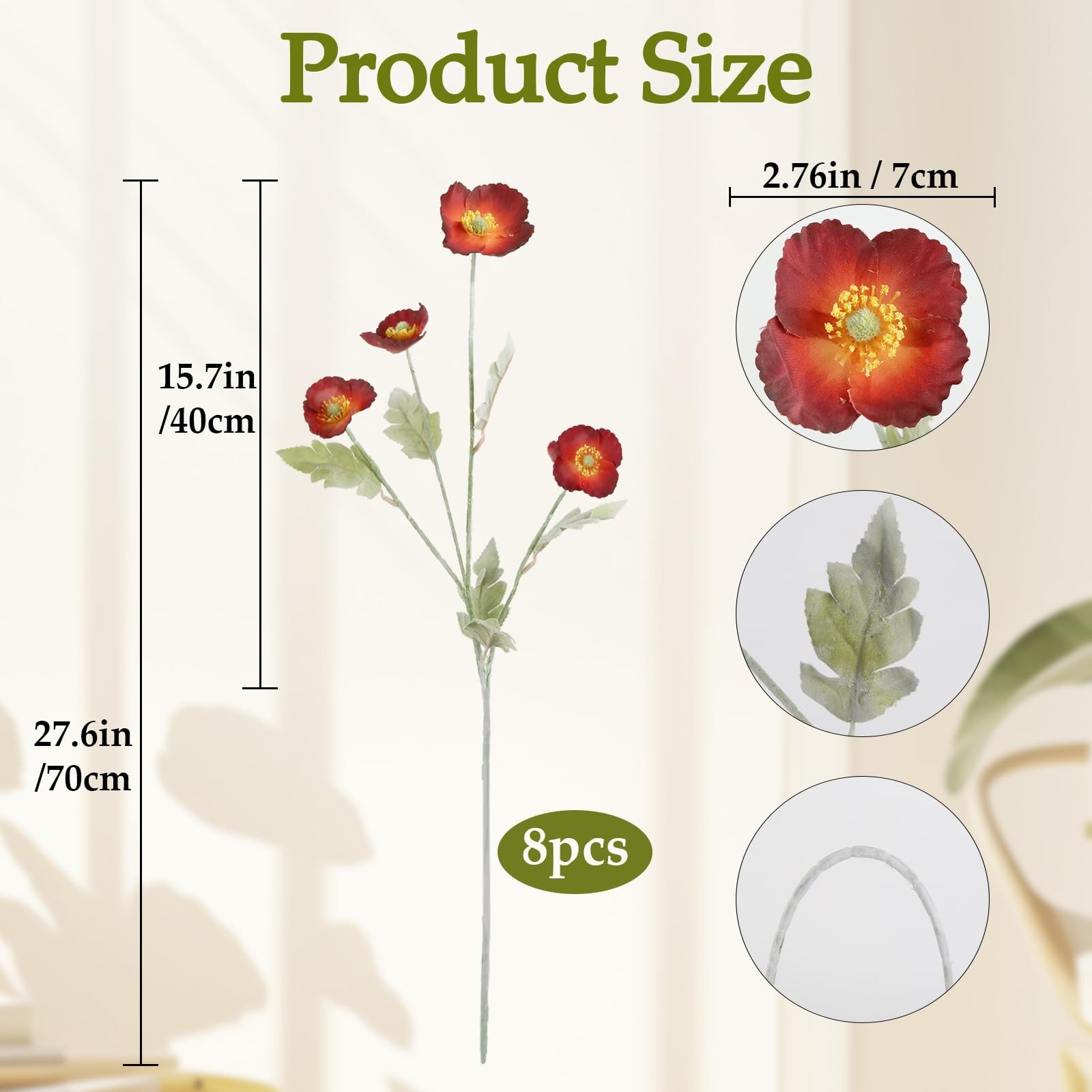 8PCS Red Artificial Poppies 27.6inch Silk Poppy Flowers with Stems Faux Flowe…
