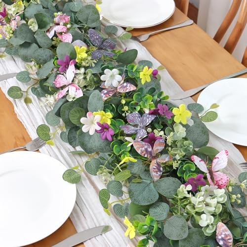 4 Pack 5.68 FT Artificial Daisy Garland with 3D 4PCS Butterfly Eucalyptus