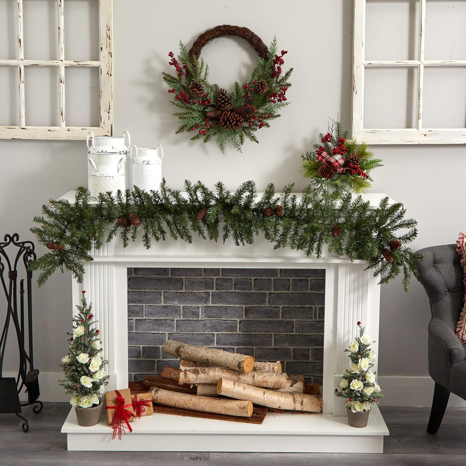 22In. Mixed Cedar with Berries and Pine Cones Artificial Wreaths, Green/Red , 3.