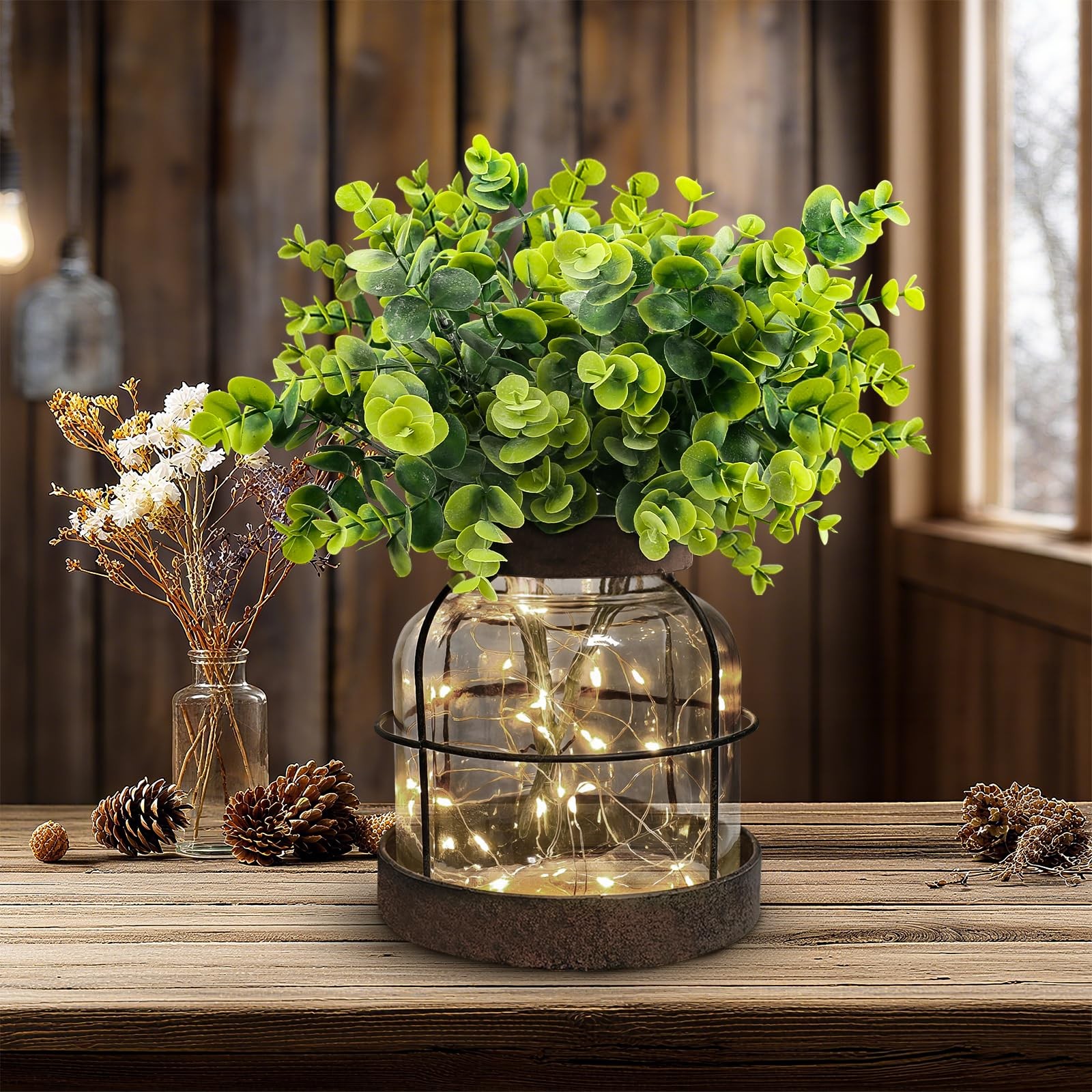 Rustic Farmhouse Glass Vases With Green Artificial Eucalyptus Plants Lights