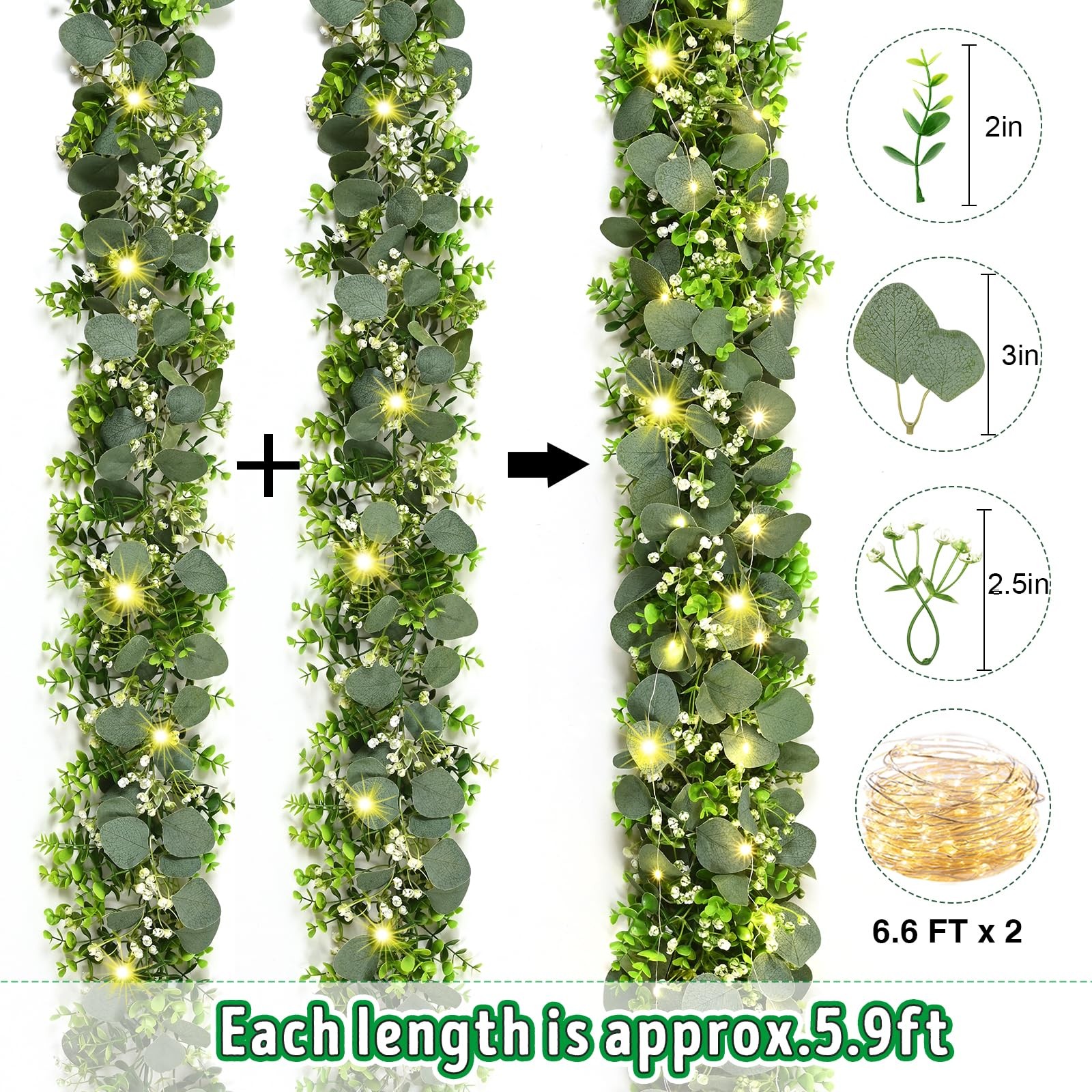 2Pcs Eucalyptus Garland with Lights, Greenery Garland, Green Garland with Flo…
