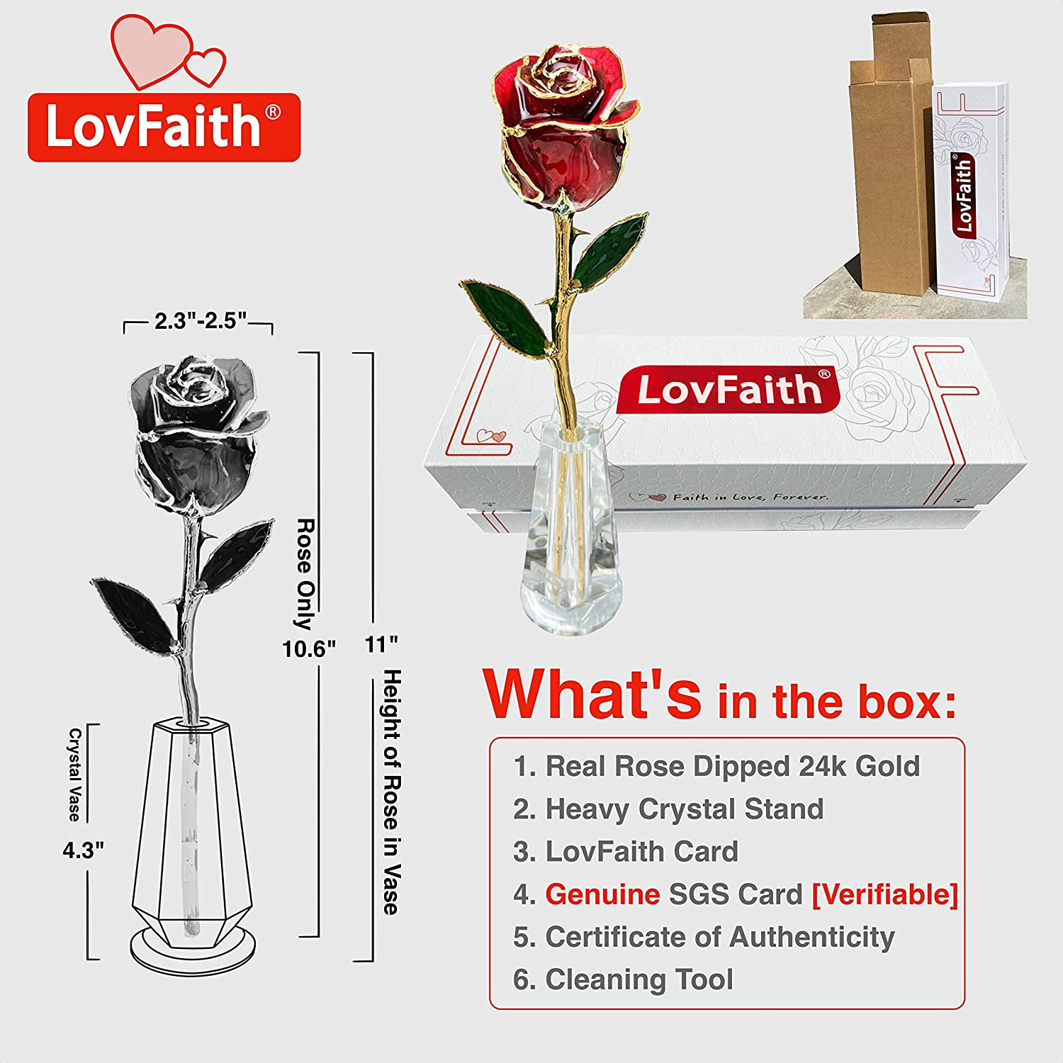 Valentines Day Real Rose Dipped 24K Gold with Crystal Stand, Best Original Rose
