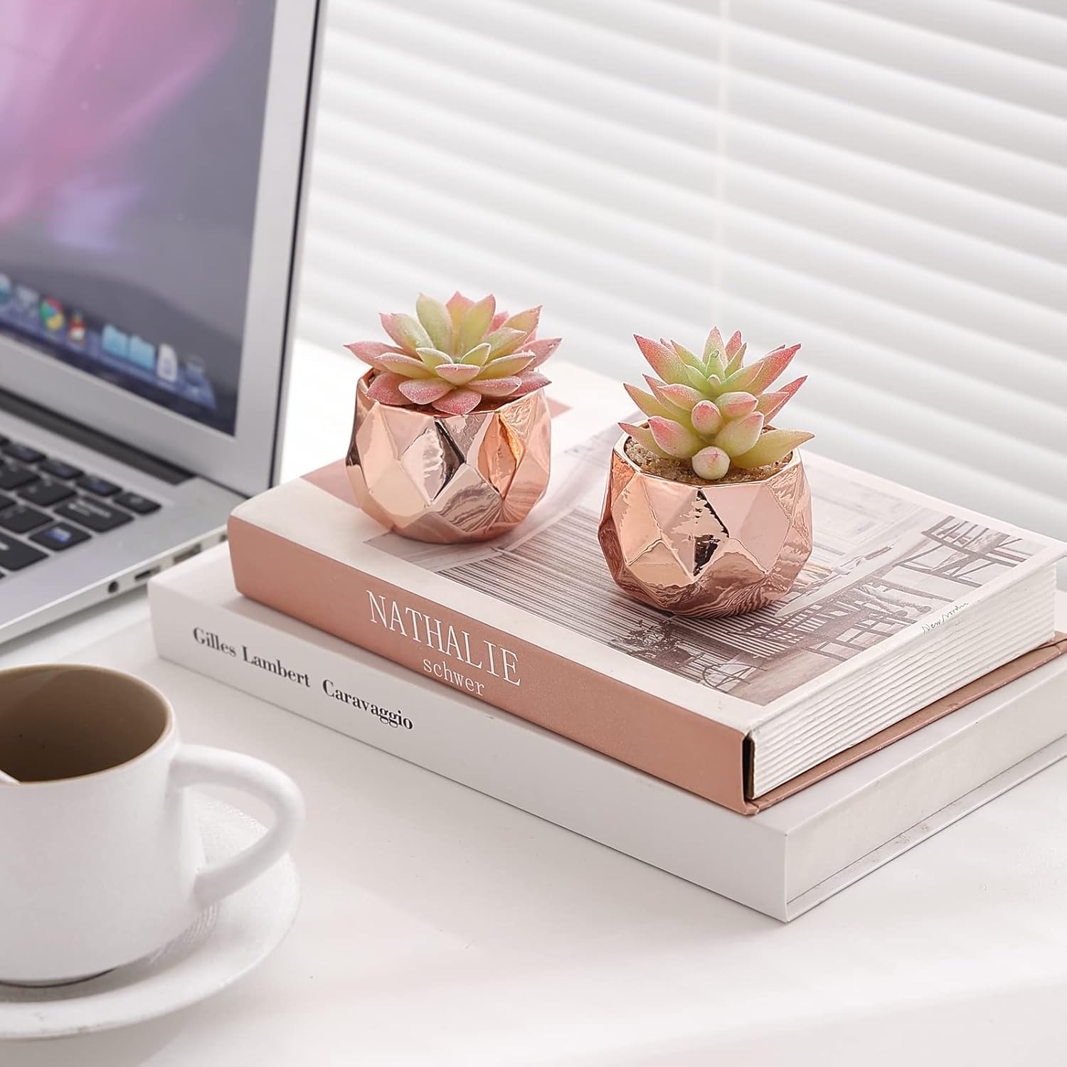 Artificial Faux Succulents in Pots, Mini Rose Gold Fake Plants for Women Desk…