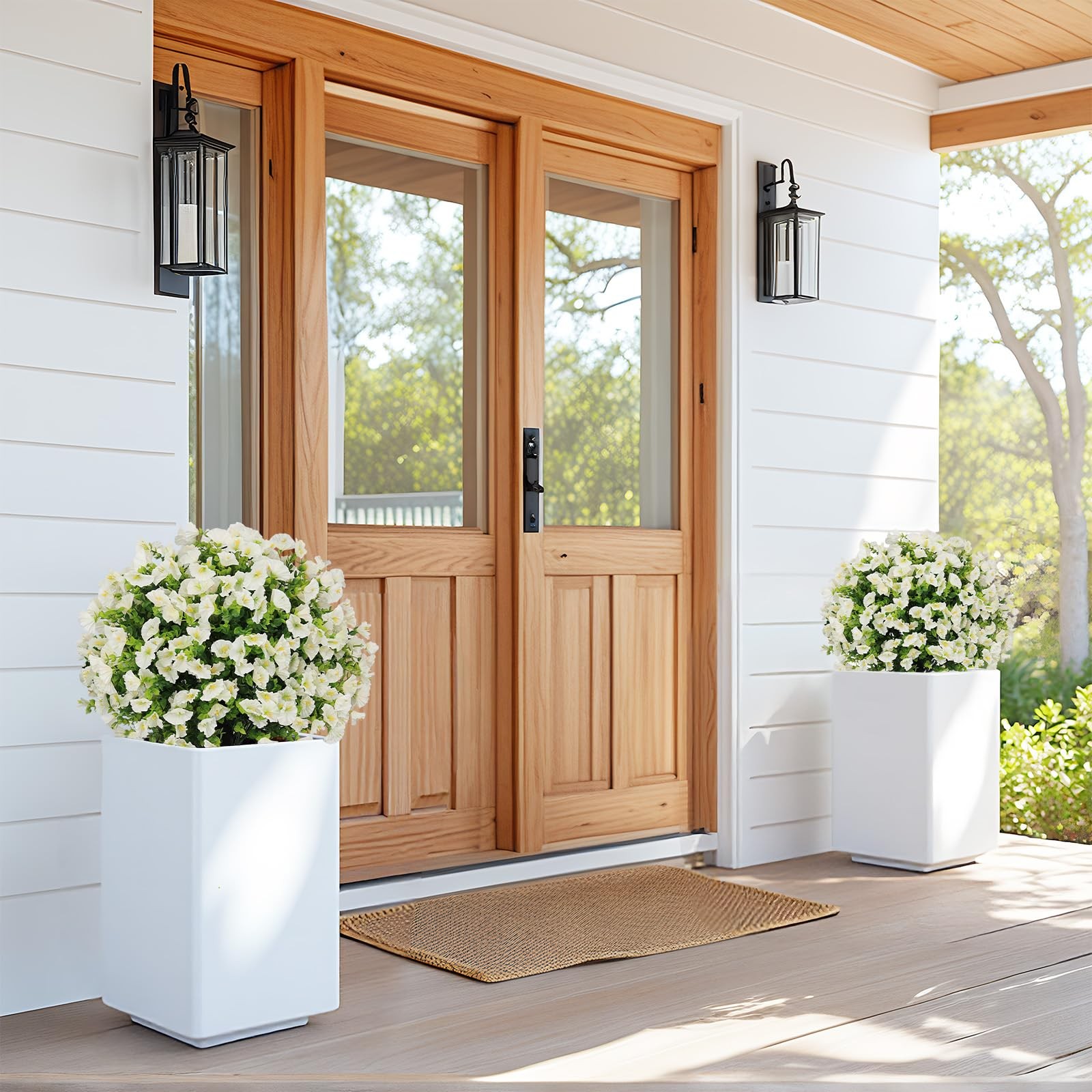 24″ Artificial Potted Plants Outdoor Set of 2, UV Resistant Faux White Flowers