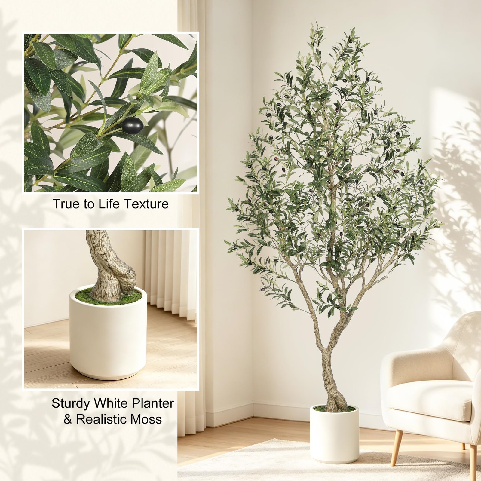 Faux Olive Tree 7ft – Olive Trees Artificial Indoor with Sturdy White Planter…