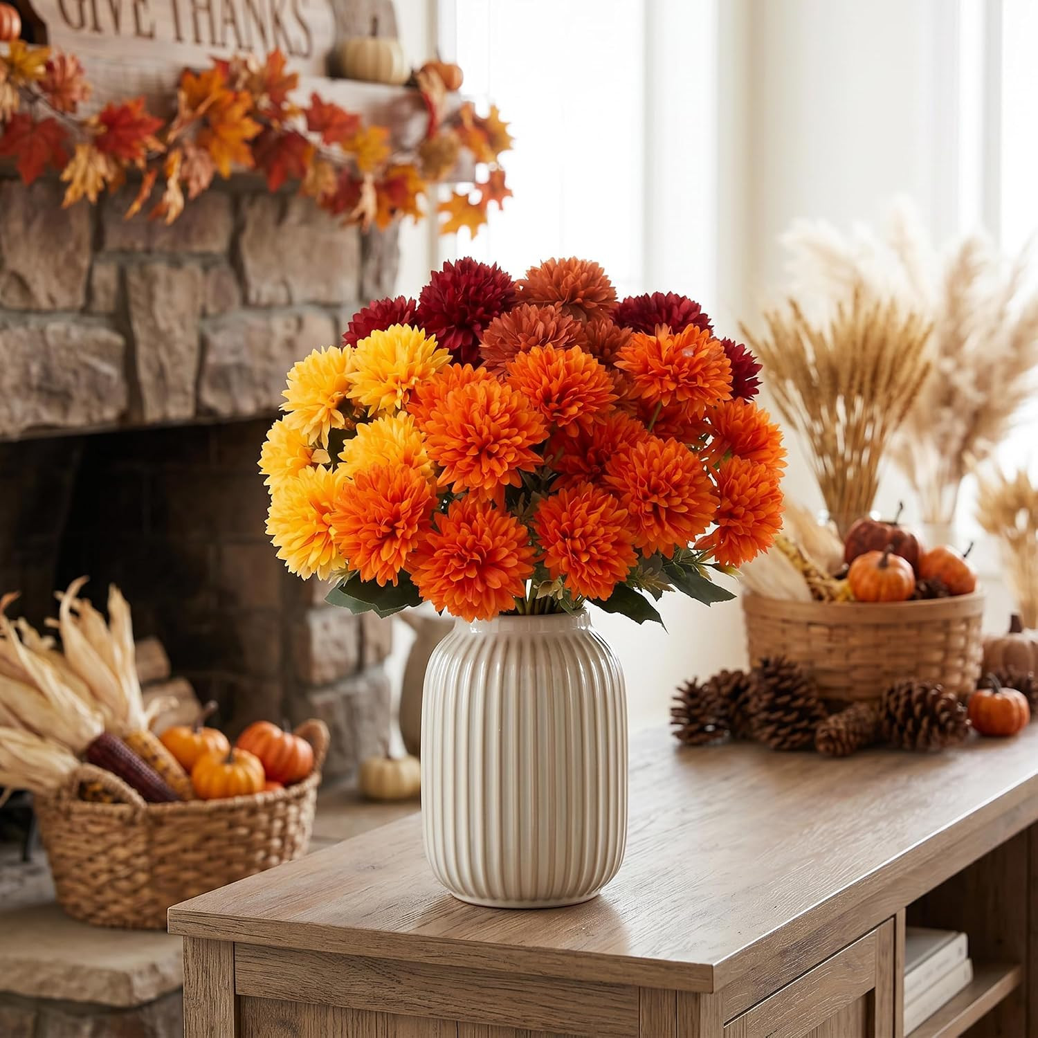 6 Bundles Faux Fall Flowers – Autumn Chrysanthemums for Home Decor