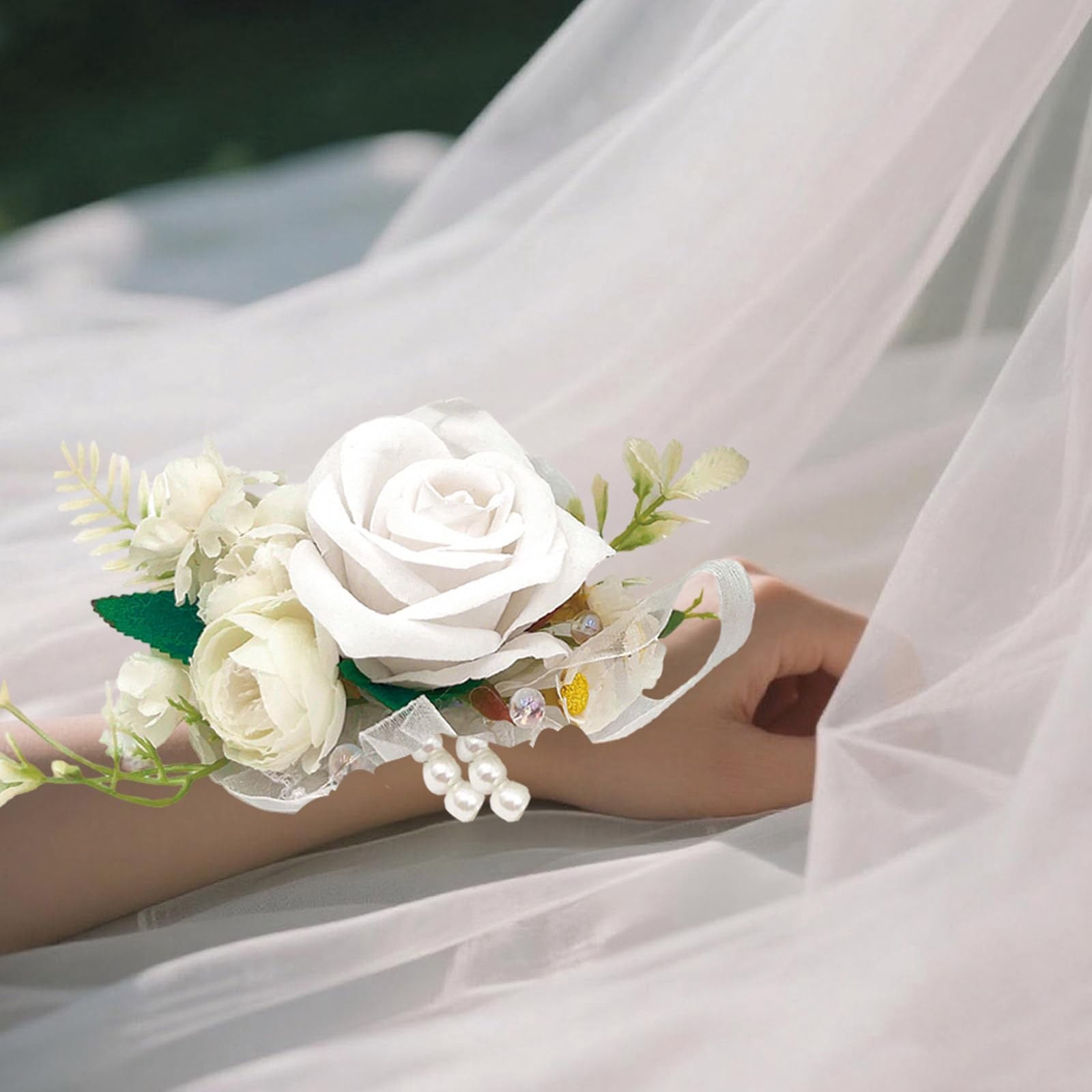 Artificial Rose Wrist Corsage And Boutonniere Set Wedding Prom White 2 PCS