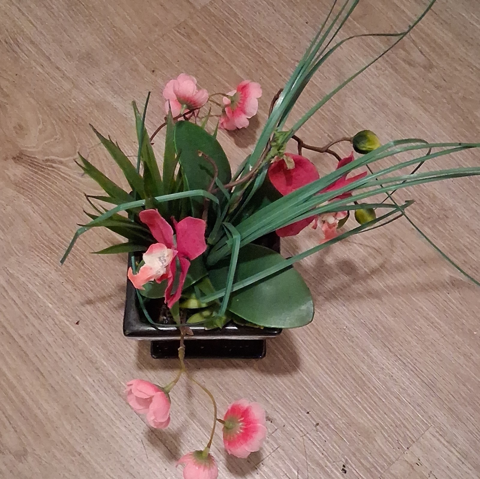 Artificial Pink Orchid Arrangement w/ Greenery Black Square Planter