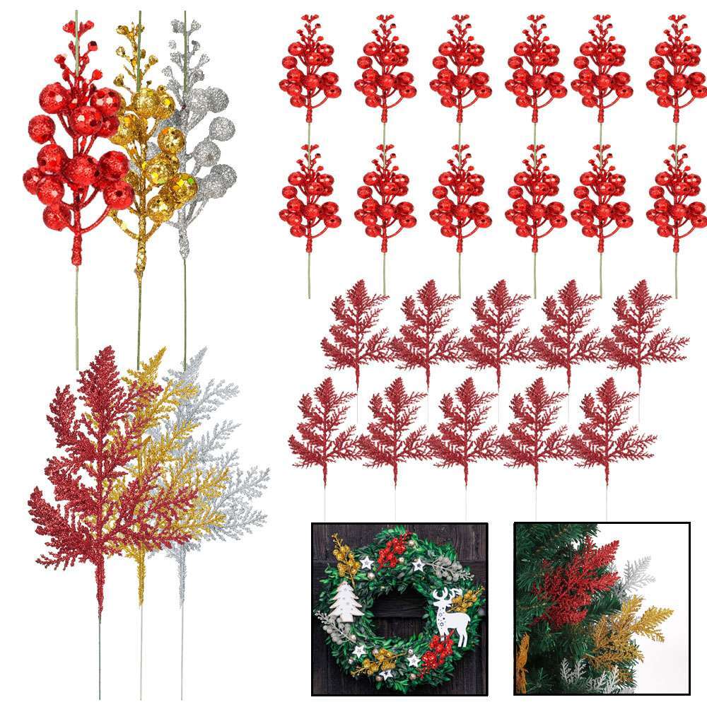 Artificial Glitter Pine/Berry Needles – Fake Branches Picks for Christmas Decor
