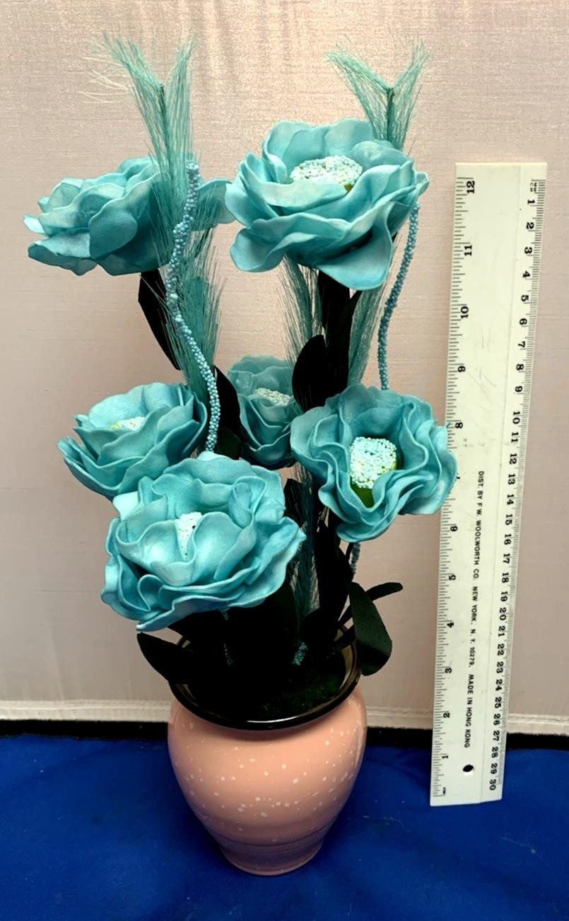 14″Aqua Blue 3″ Open Roses Artificial Silk Flowers Teal in Pink ceramic Vase