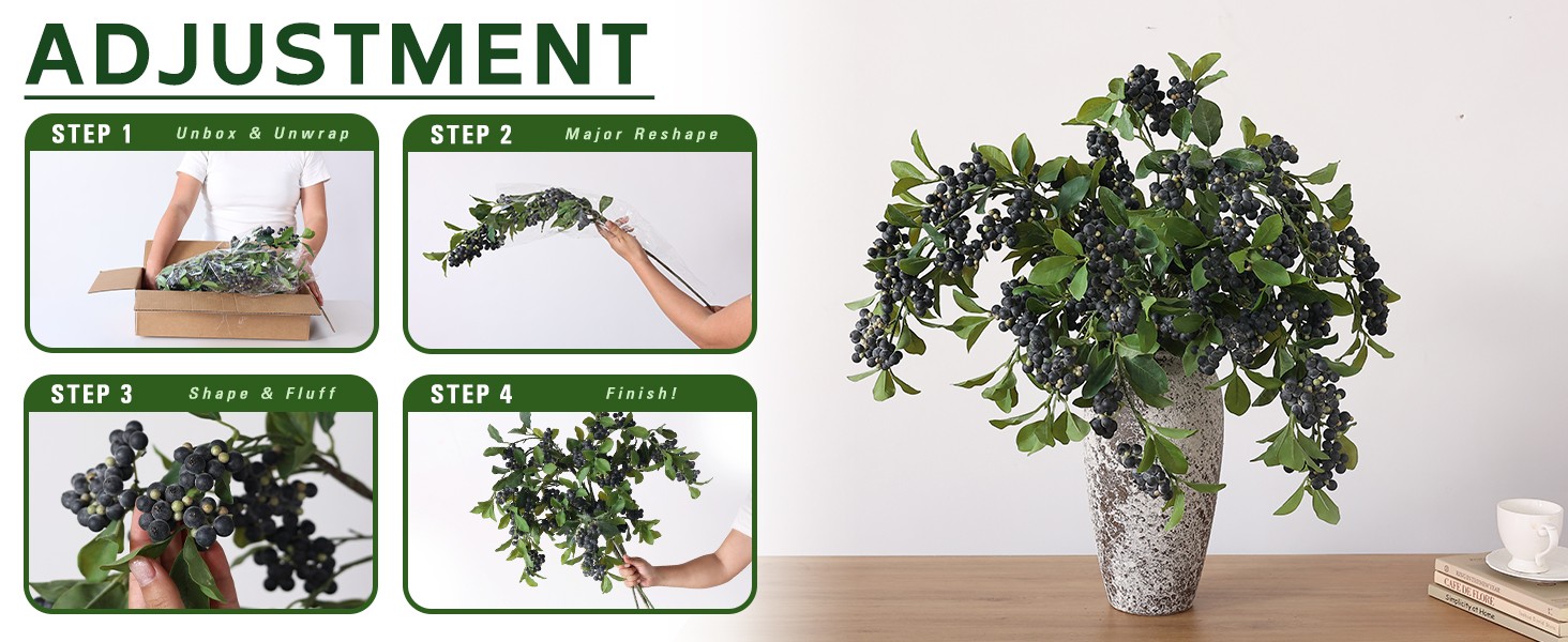 33″ Artificial Blueberry Stems for Vase – 8 Pcs Lifelike Faux Blueberries Fruit