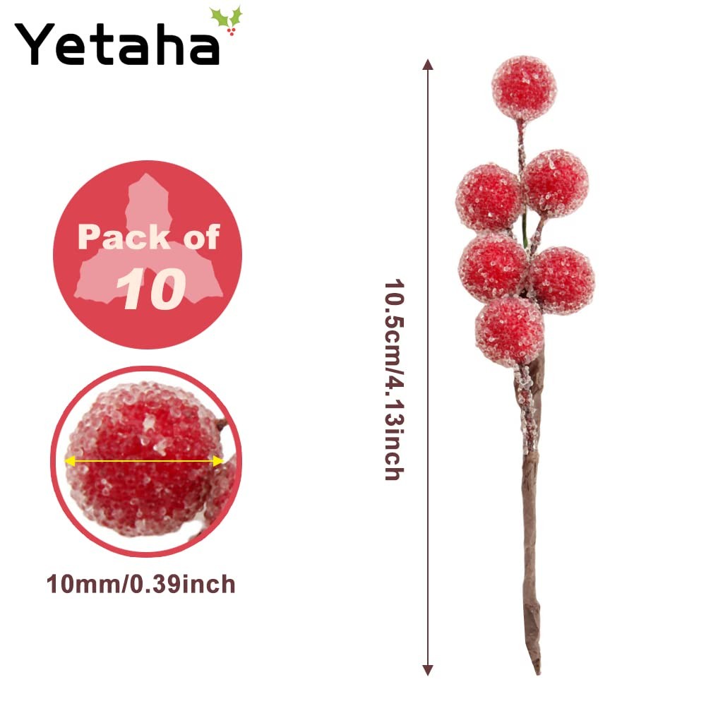 10 PCS Red Christmas Artificial Frosted Holly Berries Branch Floral Decor