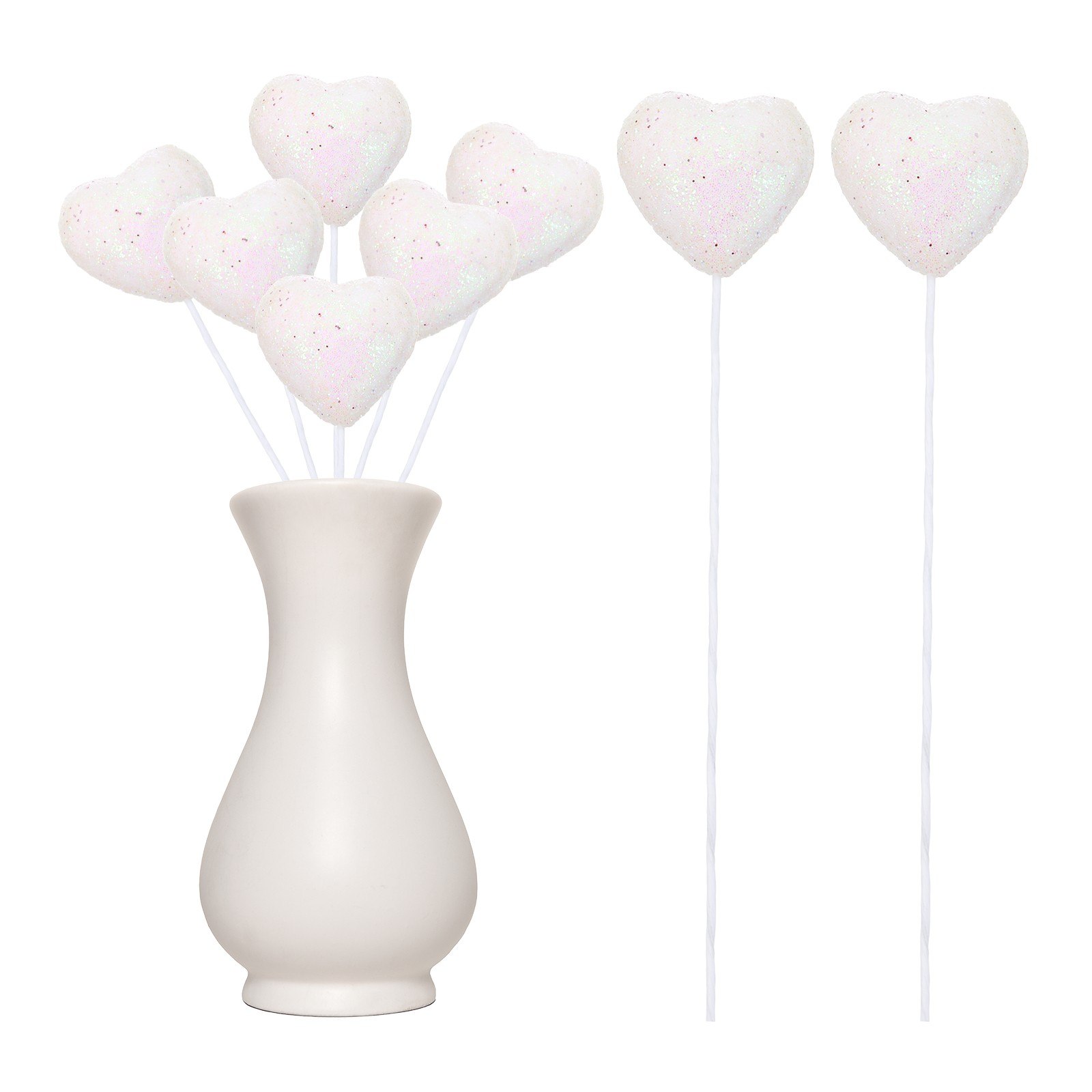 6 Pcs Glitter Heart Shaped Picks Puffy Foam Hearts Stick (White, 4cm x 22cm)