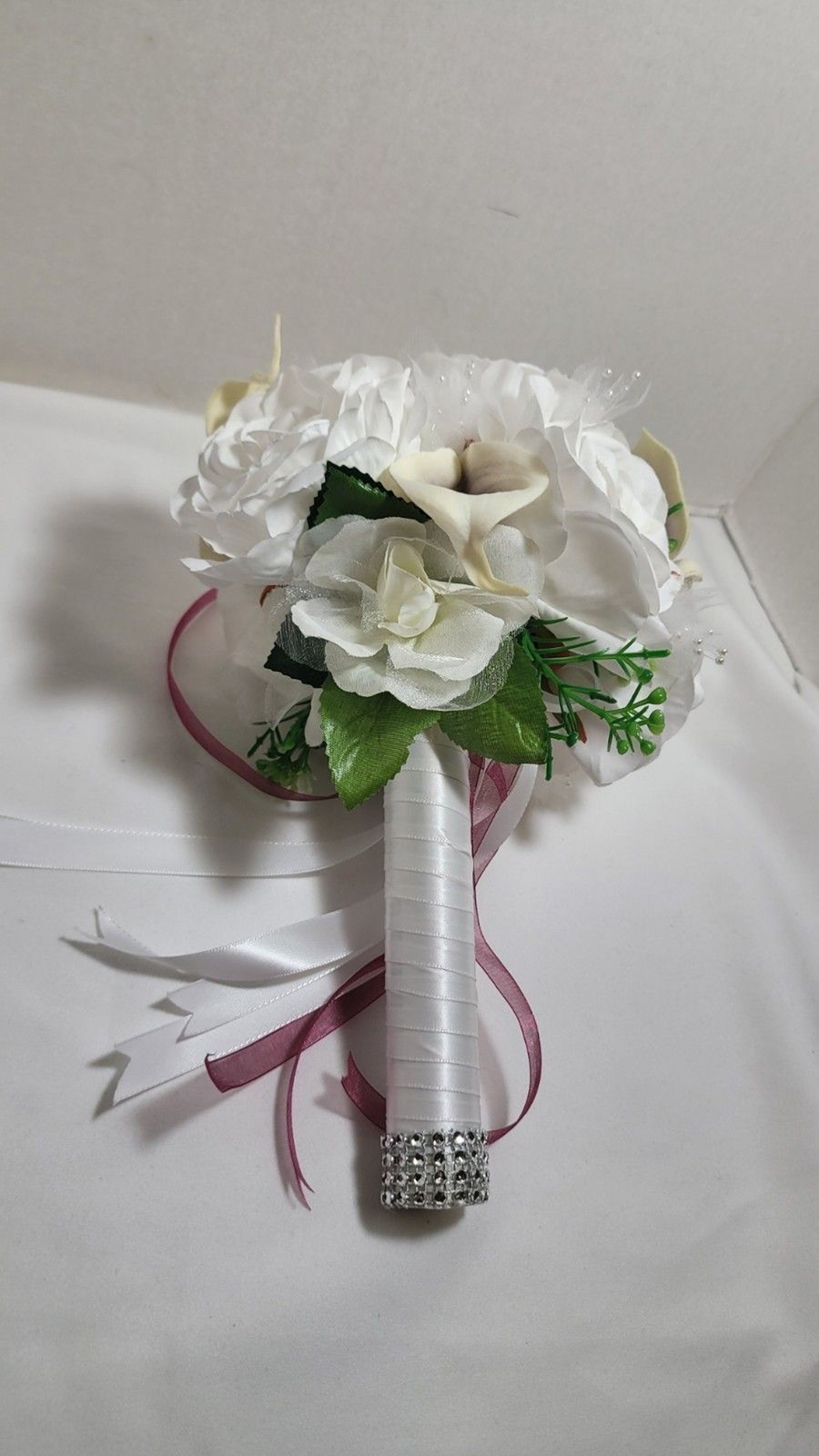 Wedding Bouquet for Bride Bridesmaid, White Roses White Bling 9.5″